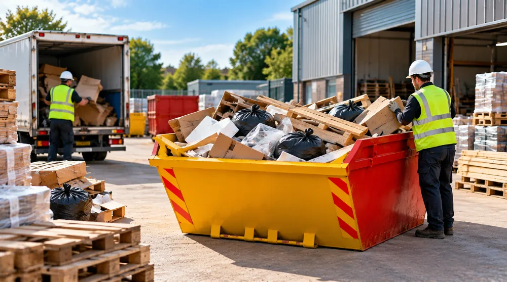 Commercial waste disposal in Birmingham with workers loading cardboard, timber and mixed business waste into a skip outside an industrial warehouse.