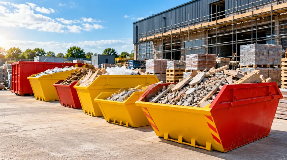 Different sizes of commercial skips filled with construction waste, rubble and timber at a building site in Birmingham.